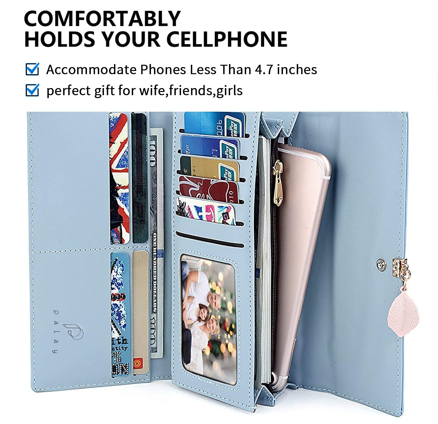 SANNIDHI  Women's PU Leather Long Wallet with Leaf Pendant Card Holders Phone Pocket Girls Zipper Coin Purse (Blue) SANNIDHI  Women's PU Leather Long Wallet with Leaf Pendant Card Holders Phone Pocket Girls Zipper Coin Purse (Blue)
